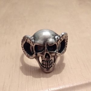 Sterling Skull horn demon ring biker men's ring